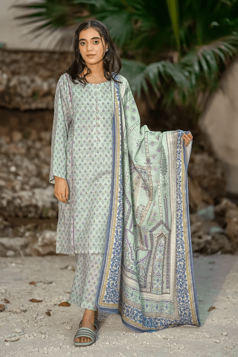 Light Cyan All-over Khaddar Suit-3PC (Shirt, Trouser, & Dupatta)