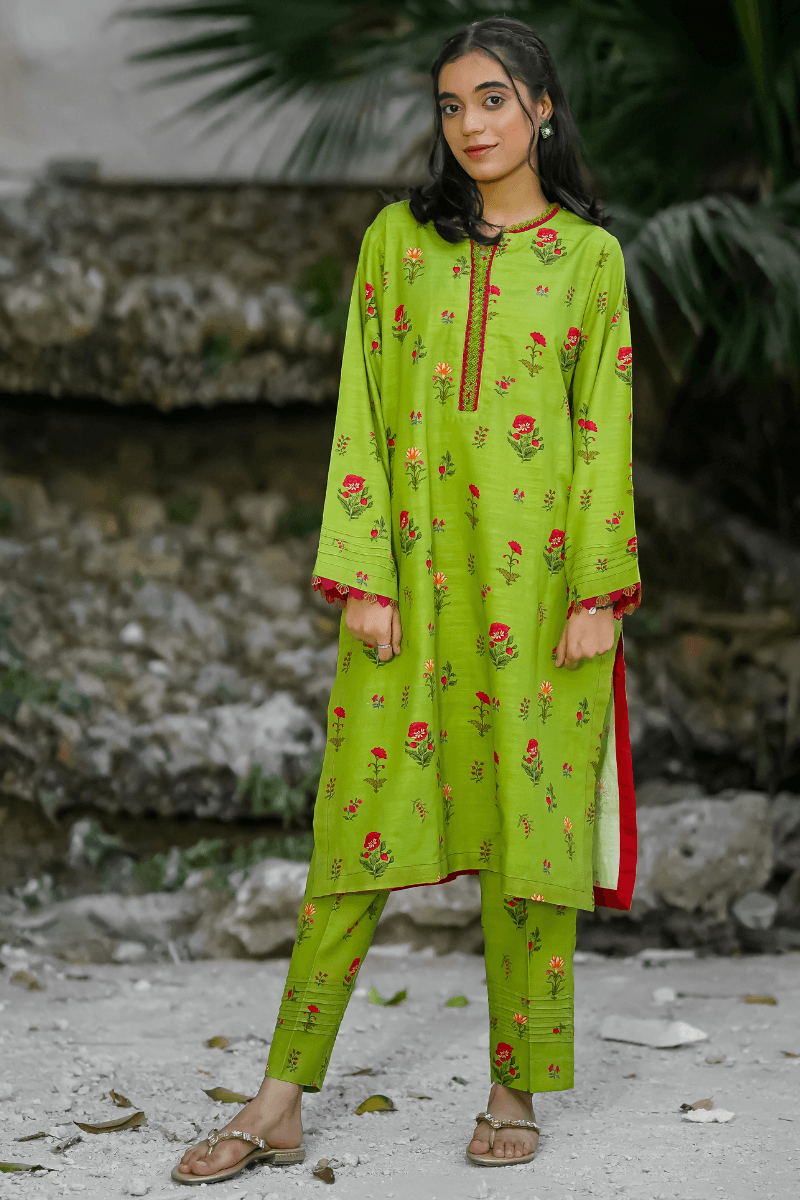 Printed Olive Green Khaddar-2PC (Shirt & Trouser)