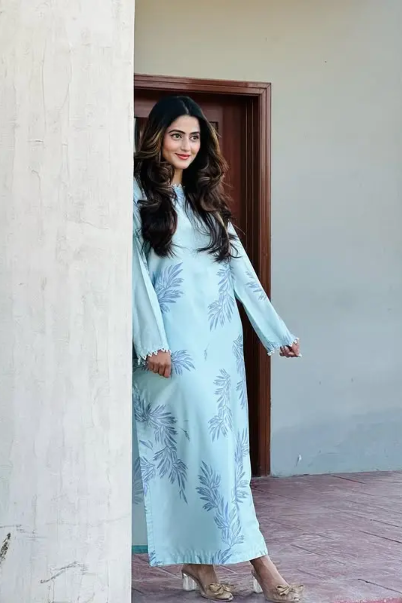 Silk Sky Blue Floral Buds-2PC (Shirt & Trouser)