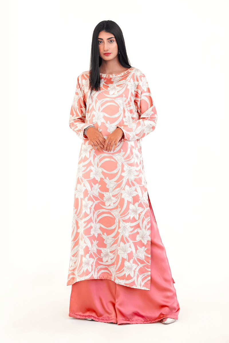 Silk Peach Floral Crystal Handwork -2PC (Shirt & Trouser)