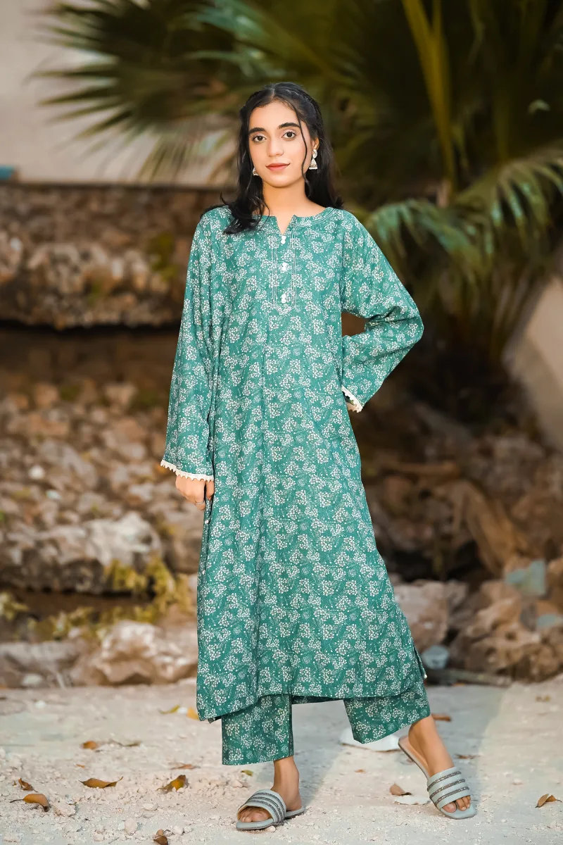 Teal Green Printed Karandi-2PC (Shirt & Trouser)